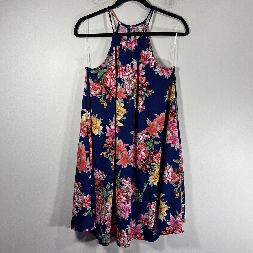 My Story Blue Pink Floral Trapeze Sun Dress Women's Small